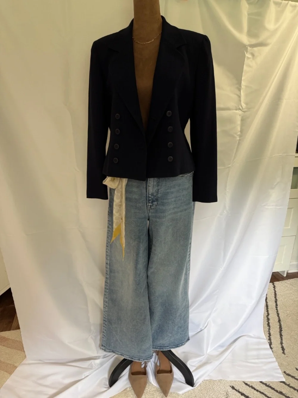 90’s Vintage Christian Dior Navy Double Breasted Cropped Blazer Jacket 4 Petite